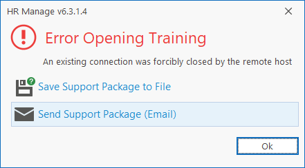 HR Manage error message offering to save a support package to a file or send it by e-mail