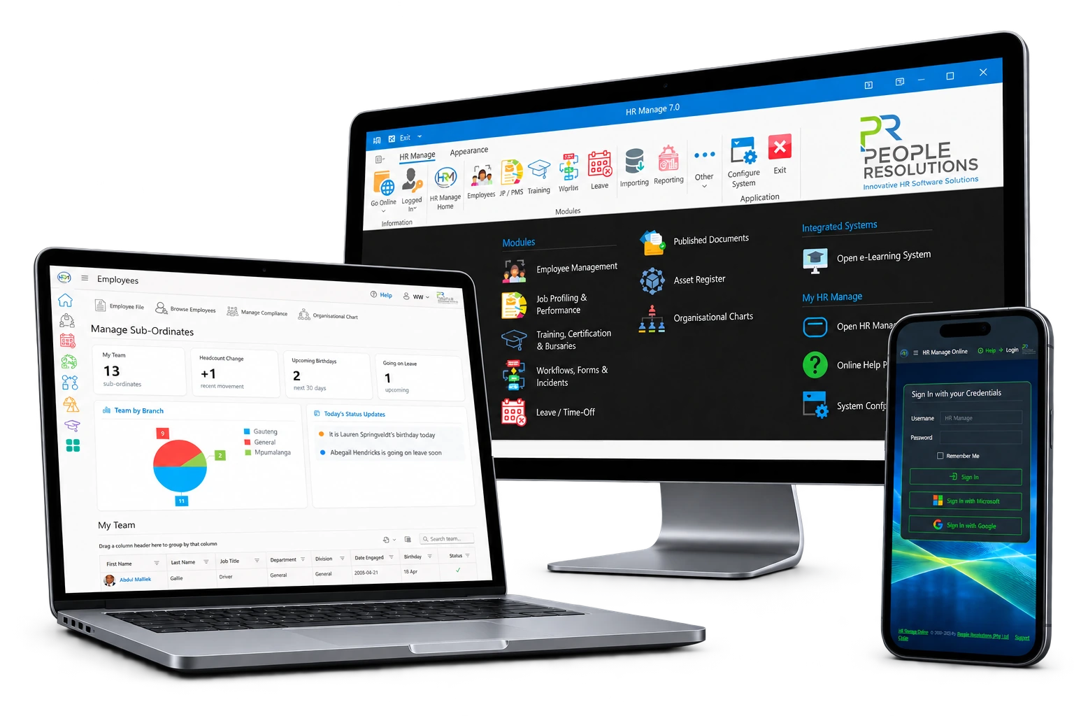 home-hero-screens HR Manage desktop application, Employees dashboard and mobile login on three devices